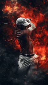 Golfer in explosive swing framed by fiery particle clouds.