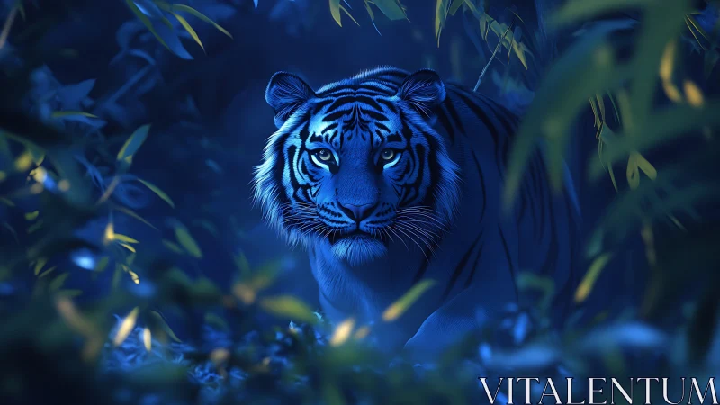 Blue lit tiger moving through dense night forest scene.
