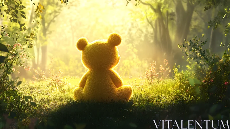 Golden plush bear silhouette in sunlit forest clearing.