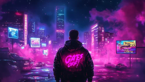 Neon drifter gazes into electric city of restless dreams.