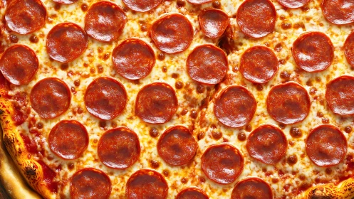 High-density pepperoni lattice on molten cheese matrix.