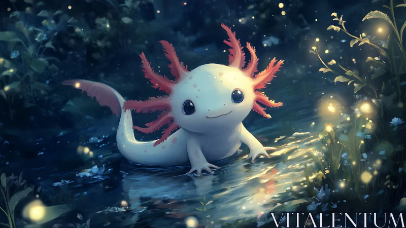 Moonlit axolotl wanders through a firefly-sparked forest pool.
