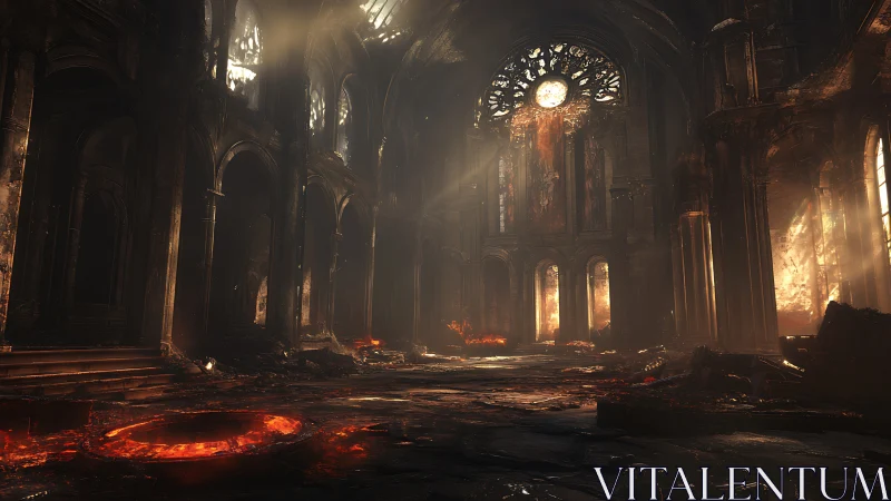 Ruined Cathedral Interior Engulfed in Apocalyptic Flames and Light.