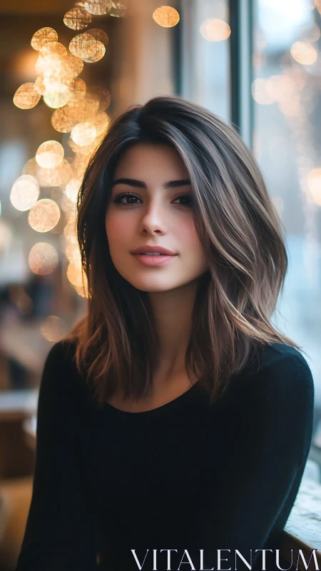 Soft-lit caf&eacute; muse framed by golden bokeh daydreams.