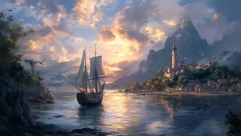 Sunlit harbor village welcomes a calm, homebound ship.