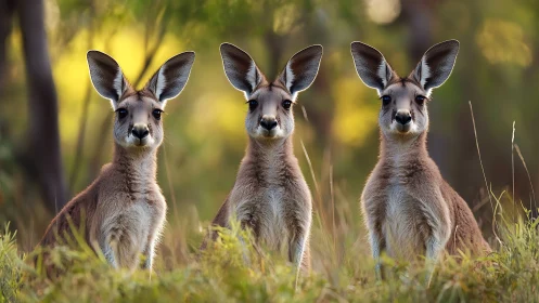 Curious kangaroo trio aligned in soft golden bushland light.