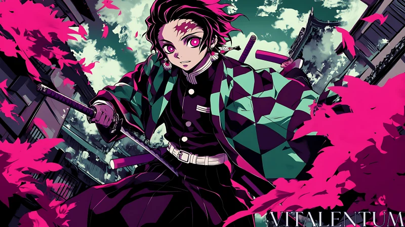 Pink leaves swirl around sword-wielding anime fighter.