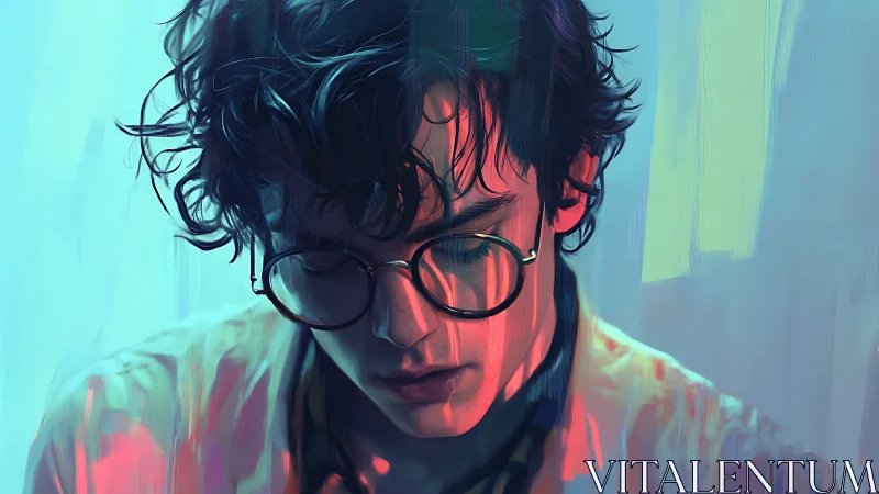 Pensive young man in neon brushstrokes contemplates quietly.