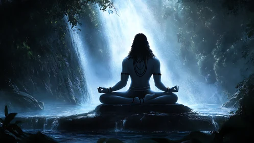 Backlit yogic silhouette meditating before high-contrast waterfall