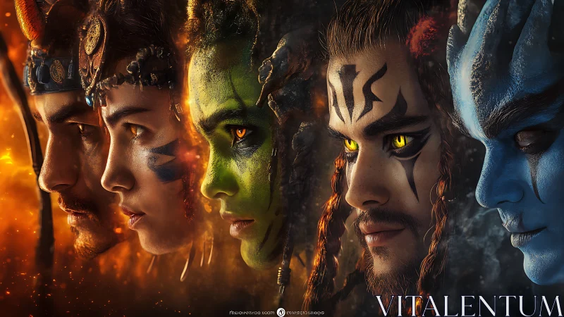 Elemental warrior faces align in burning cinematic side profile