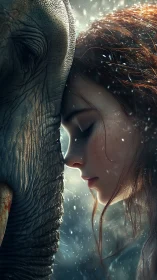 Quiet winter bond between girl and gentle elephant friend.