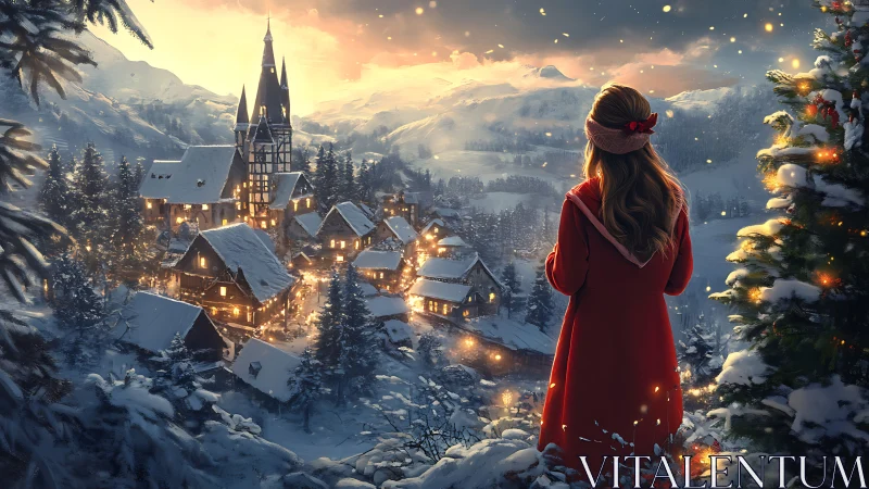 Woman observing illuminated snow-covered village at dusk.