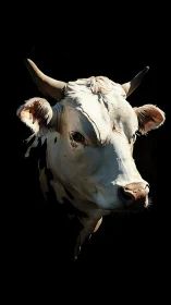 Horned cow portrait on black background, stylized lighting.