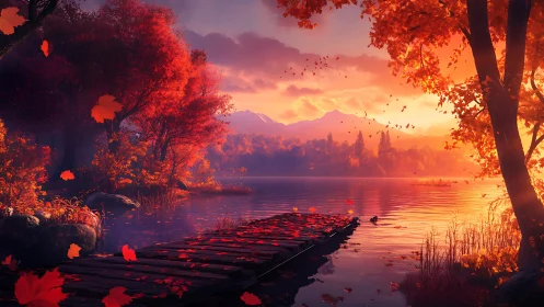 Autumn lake with wooden pier at vivid sunset light.