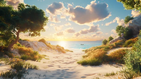 Digital rendering depicting beachside cove with atmospheric lighting and geometric composition.