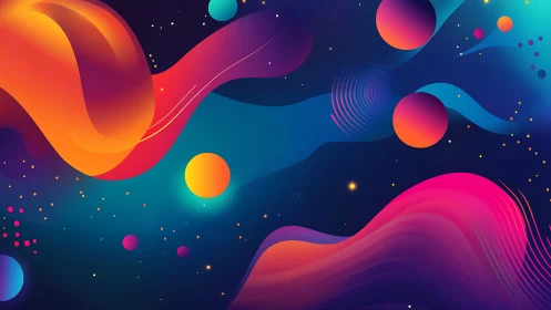 Neon gradients swirl around glowing orbs in cosmic space.