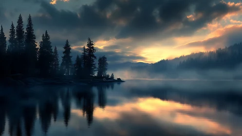Photorealistic alpine lake at dawn with mist and reflections.