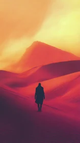 Solitary silhouette crossing neon-lit desert dunes at dusk.