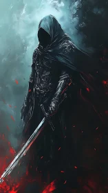 Mysterious hooded warrior standing in swirling crimson fire.