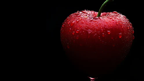 Photorealistic macro of dewy red apple on black ground.