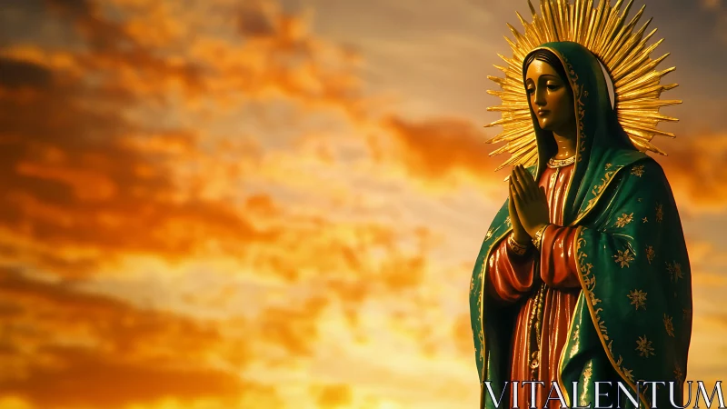 Photorealistic Marian statue against luminous sunset sky backdrop.