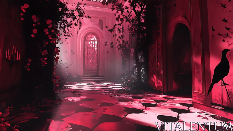 Crimson echoes drift through a moonlit, overgrown hallway