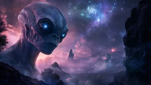 Colossal bioluminescent alien sentinel surveys nebular canyon