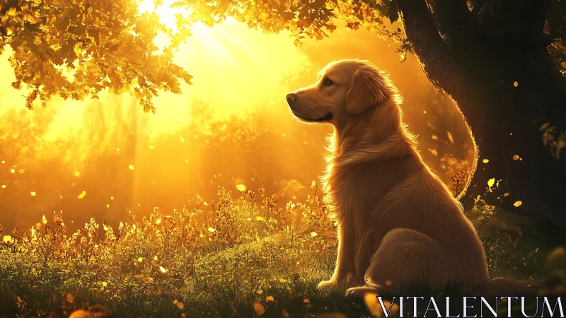 Golden retriever basks in radiant autumn woodland light