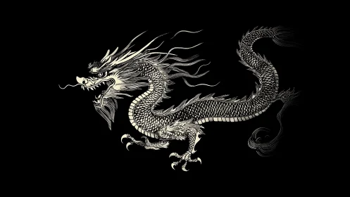 Monochrome side-view illustration of coiled Eastern dragon.
