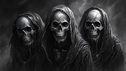 Grim hooded skull trio glowing from shadowed mists.