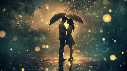 Couple with umbrellas in rain among glowing lights.