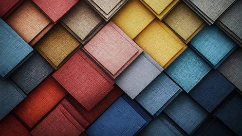 Colorful layered fabric squares create a woven geometry.