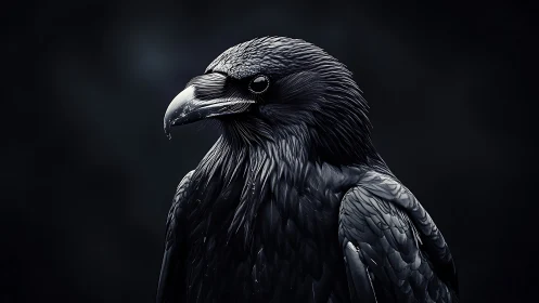 Majestic Black Raven Portrait in Dramatic Low-Key Lighting.