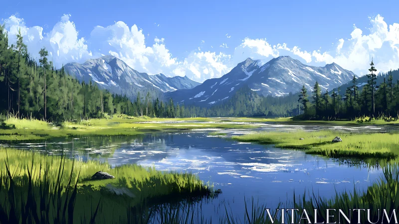 Gentle alpine lake rests below bright, snow-touched mountains