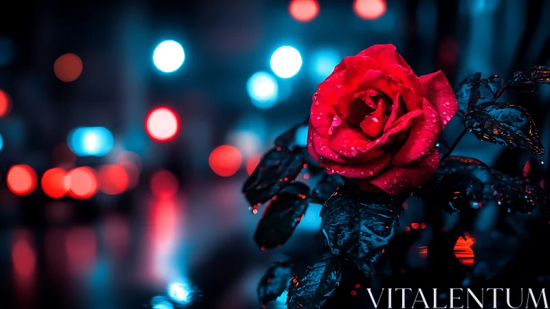 Urban night macro photograph isolates wet red rose bloom