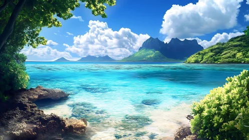 Tropical Lagoon Paradise: Layered Seascape with Mountain Pinnacles.