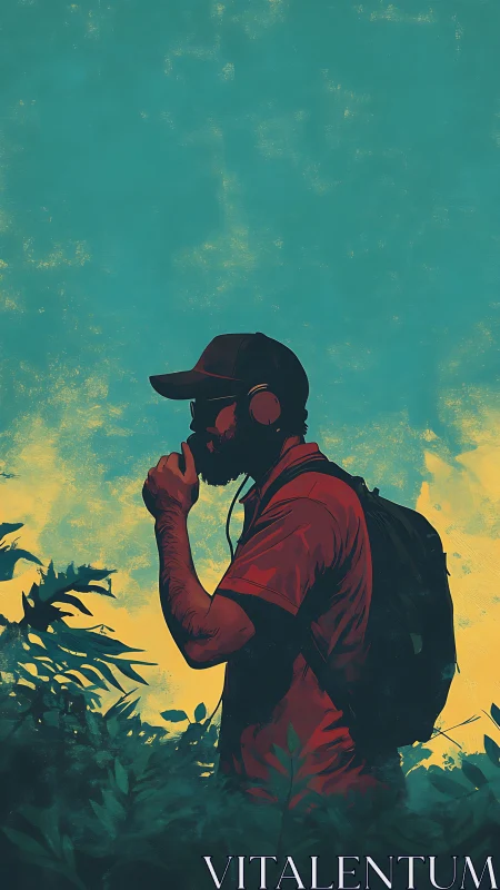 Silhouetted man with backpack stands amid foliage outdoors