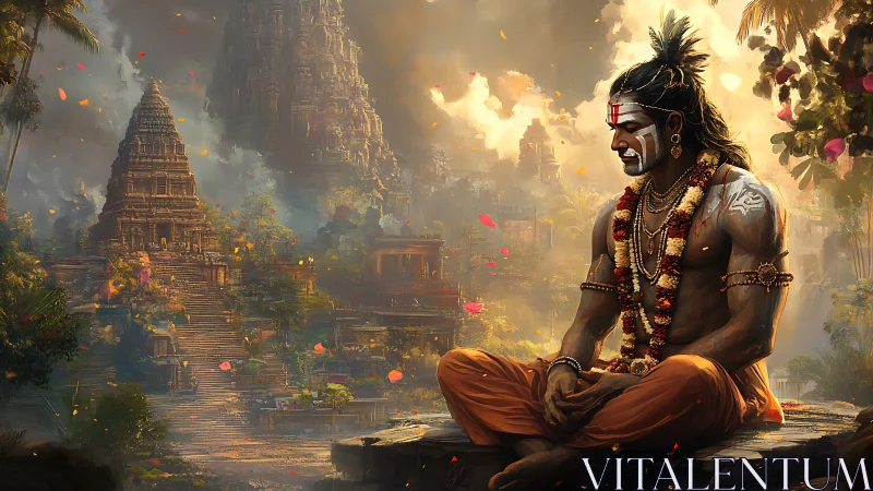 Meditating warrior monk before ancient temple complex.