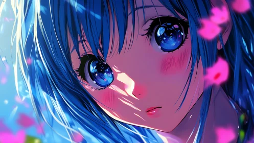 Blue haired anime girl close-up with bright reflective eyes.