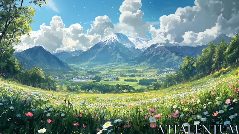 Wildflower valley unfurls beneath storybook summer mountains