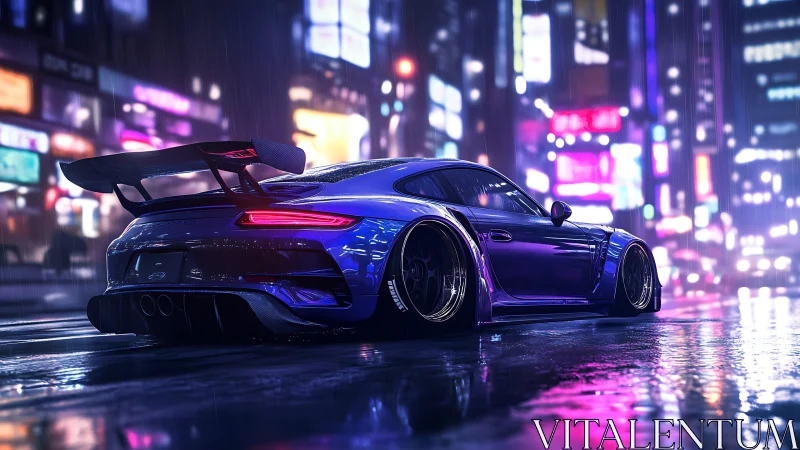 Widebody neon blue sport coupe in rainy cyberpunk city street