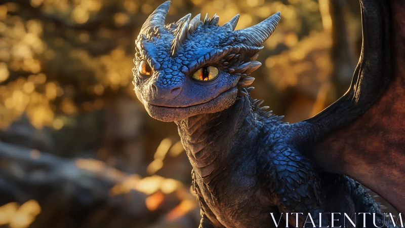 Playful blue baby dragon glows in warm forest light.