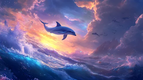 Dolphin carves a luminous arc across storm-sung twilight seas