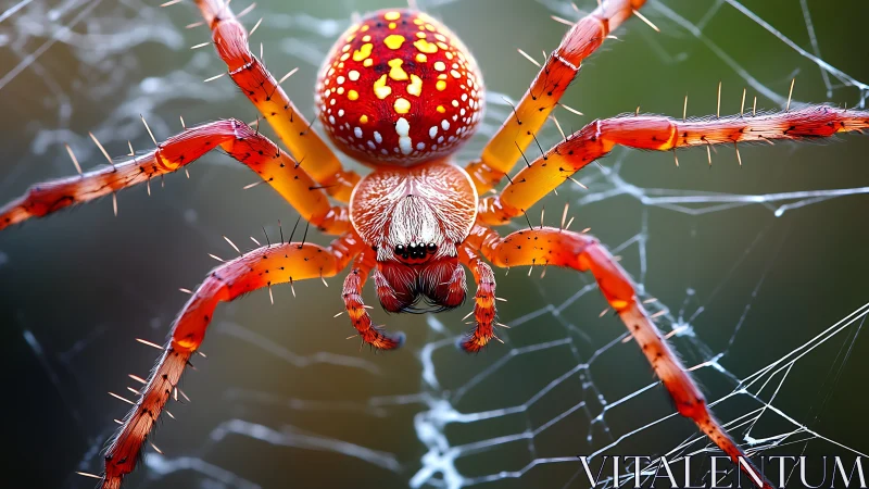 Luminous jewel spider patrols its glistening webbed universe
