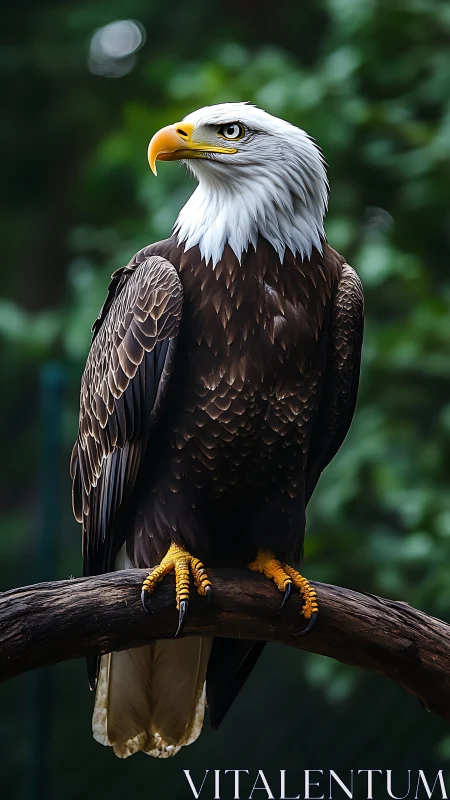 Regal bald eagle resting calmly on a forest perch.