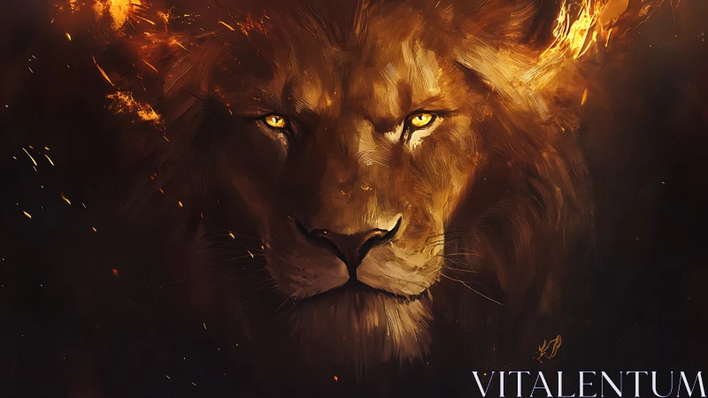Fiery lion portrait rendered in dramatic digital chiaroscuro
