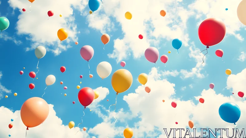 Multicolored Balloons Ascending Against Azure Sky with White Clouds.