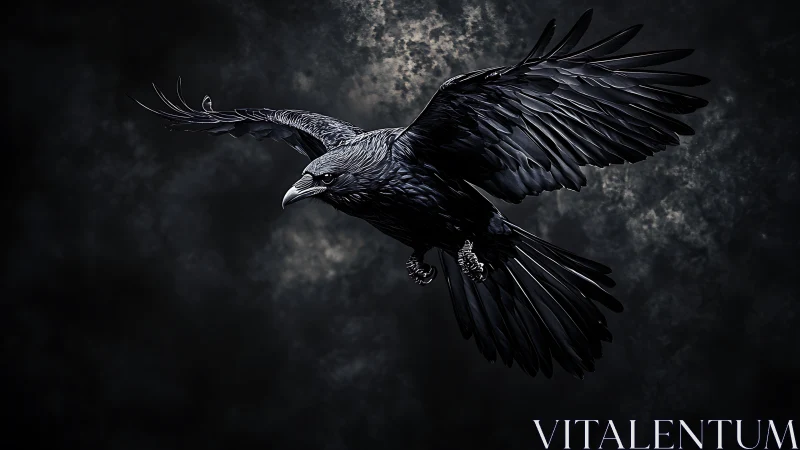 Black raven captured mid flight against dark cloudy backdrop