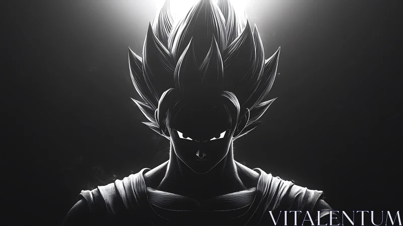 Shadow-lit anime warrior poised in dramatic calm.