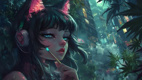 Neon cat-eared girl in lush cyberpunk night cityscape.